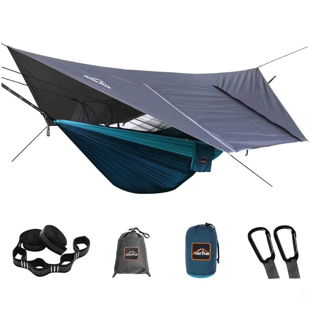AnorTrek Camping-Hängematte mit Moskitonetz und Regenfliegenplane, tragbare Doppelhängematte mit Zwei Baumgurten, 210T Nylon-Hängematte und wasserdichtem Regenfliegen-Set für Wandern, (blau)
