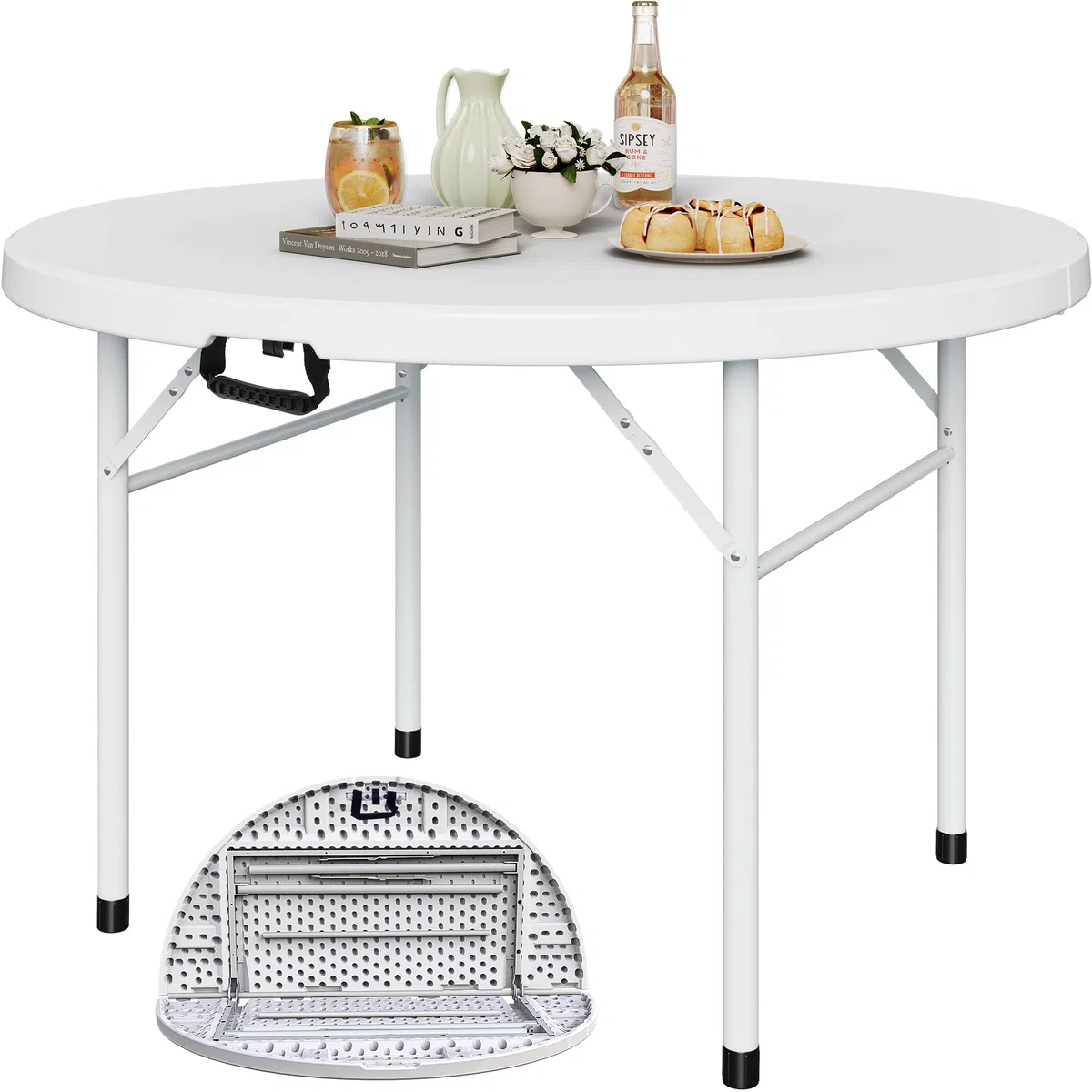 YITAHOME 122cm Runder Klapptisch mit Tragegriff Wetterfest für Outdoor/Indoor, Tragbarer Campingtisch mit Metallrahmen, Kunststoff Gartentisch mit 4cm Tischplatte für Party, Camping, Grill, Weiß