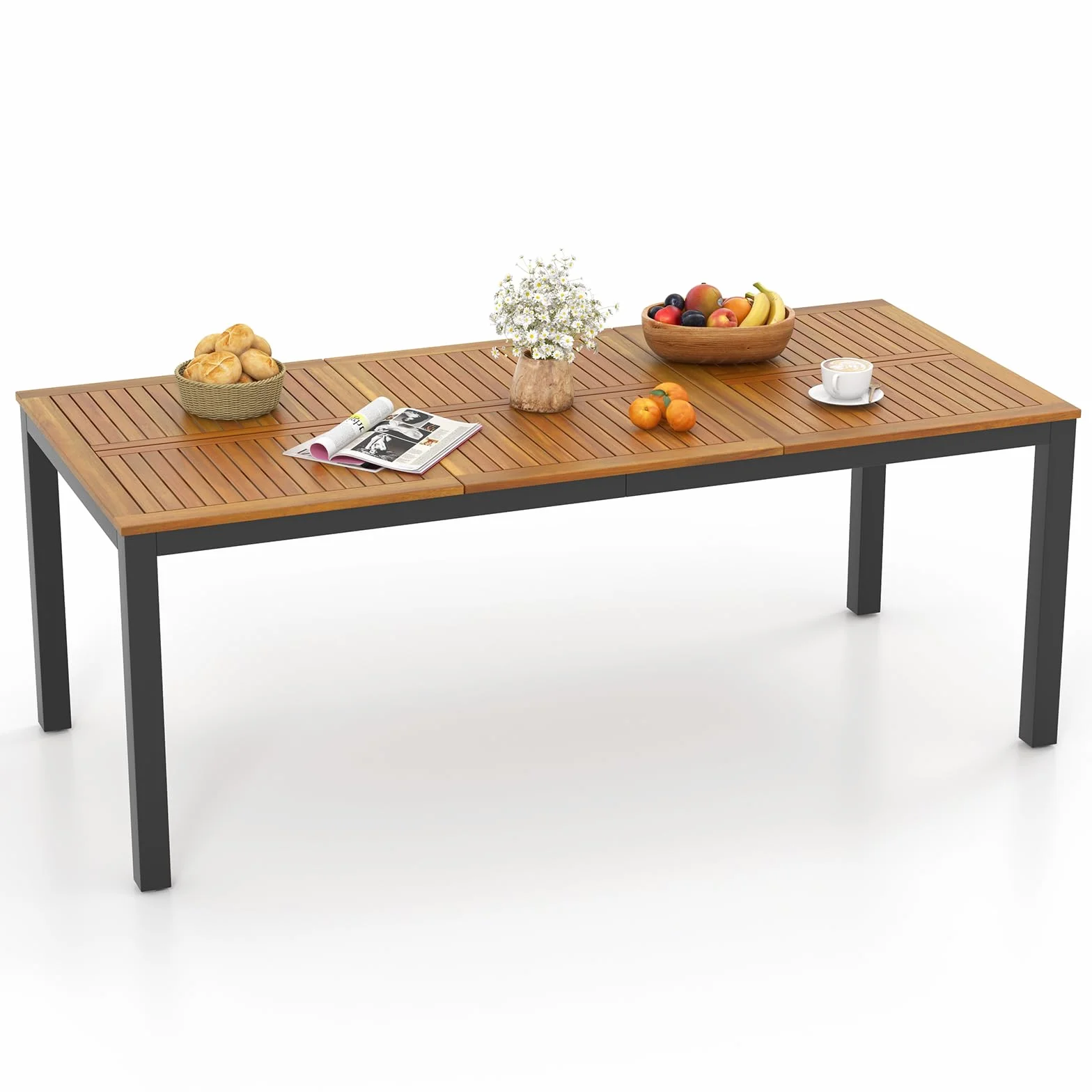 COSTWAY Gartentisch mit Schirmloch, 200x90cm, großer Terrassentisch für 8 Personen, rechteckiger Balkontisch mit Akazienholzplatte, Outdoor-Esstisch für Garten, Terrasse