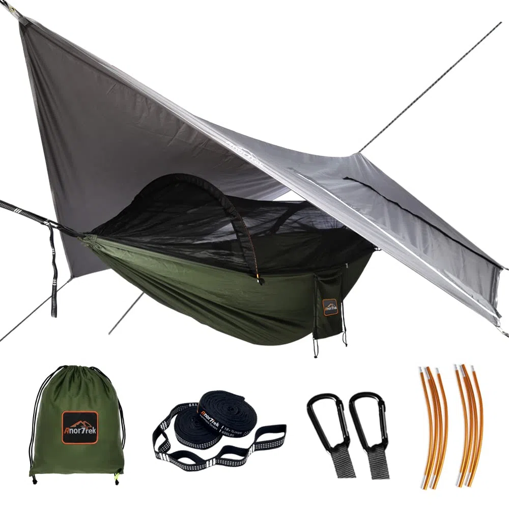 AnorTrek Camping-Hängematte mit Moskitonetz und Regenfliegenplane, tragbare Doppelhängematte mit Zwei Baumgurten, 230T Nylon-Hängematte und wasserdichtem Regenfliegen-Set für Wandern