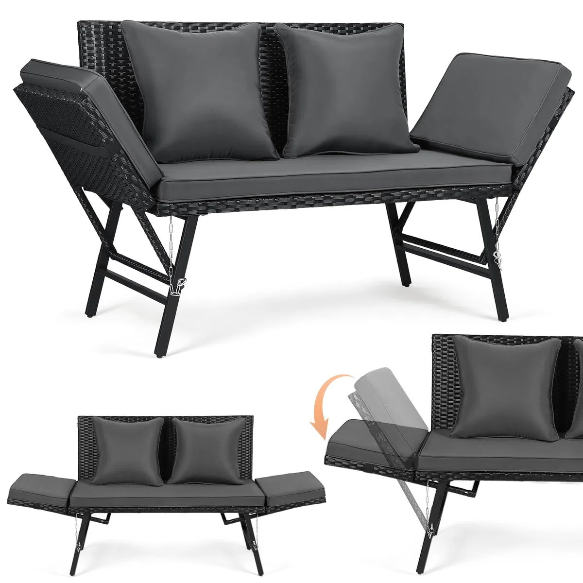 Gartenbank Polyrattan mit Liegefunktion, 2-Sitzer Gartensofa mit Verstellbare Armlehnen, Outdoor Sofa Wetterfest mit Sitzpolstern & Kissenfür, 3 in 1 Balkon Sofa für Garten,Balkon & Terrasse, Grau