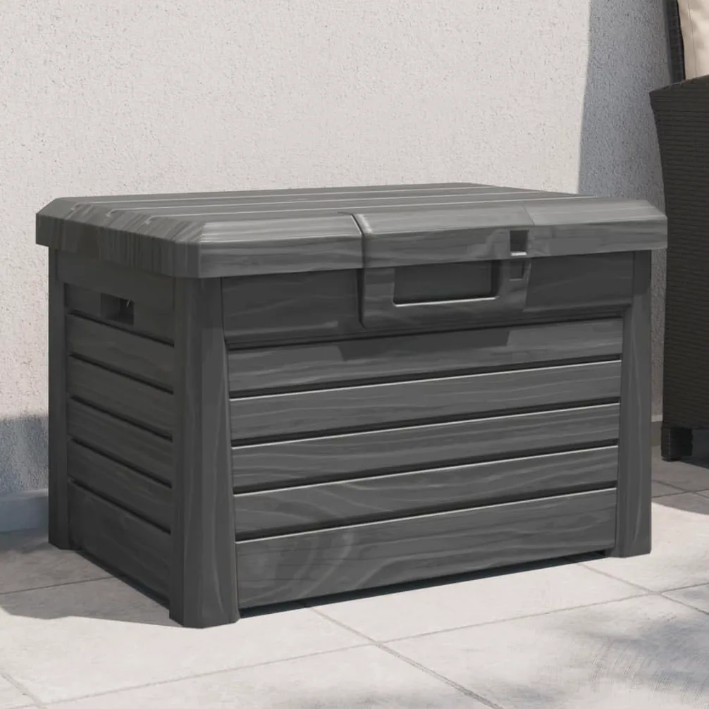 Outdoor-Kissenbox Anthrazit 73x50,5x46,5 cm aus robustem Polypropylen für Garten und Terrasse, Aufbewahrungsbox mit abschließbarem Deckel und Holzoptik, platzsparendes