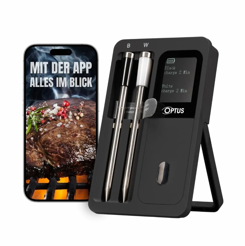 Optus Bluetooth Grillthermometer mit 2 kabellosen Sonden App-Steuerung IP67 Display Temperaturalarm 60m Reichweite