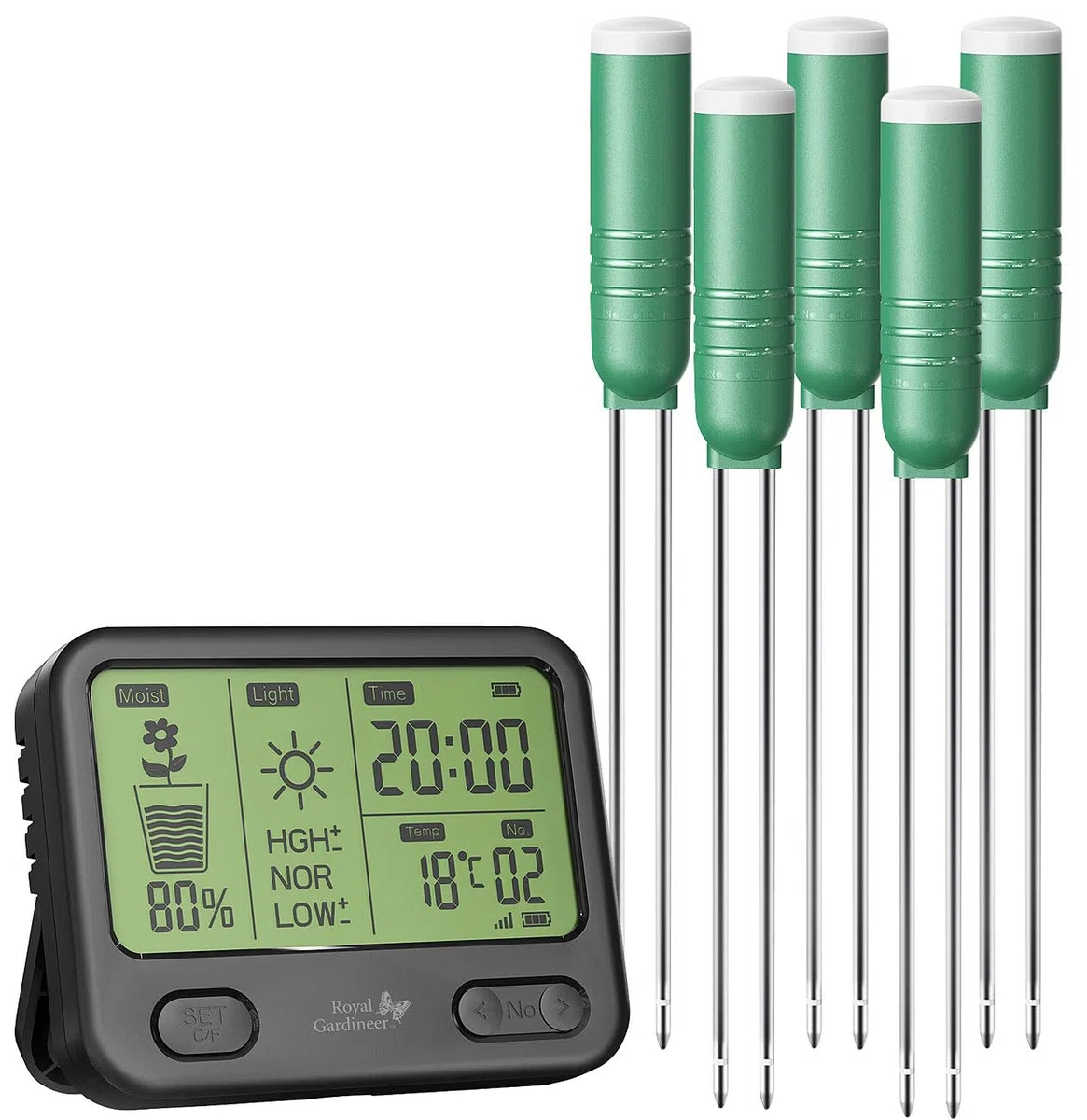 Royal Gardineer Pflanzen Sensor: 4in1-Funk-Boden-Feuchtigkeitsmesser-Set mit 5 Sensoren, innen & außen (Feuchtigkeitsmessgerät Pflanzen, Feuchtigkeitsmesser Blumen, Topf)