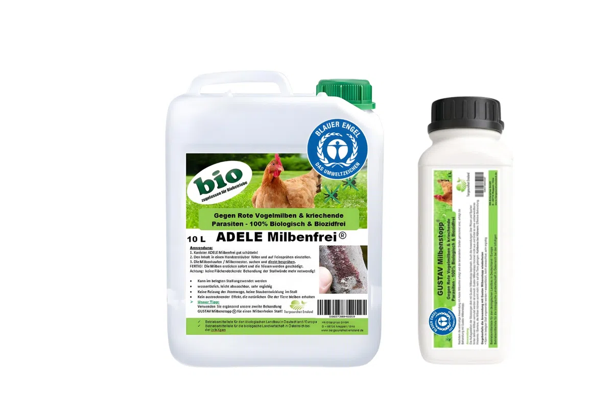 Profi-Set: ADELE 10L & GUSTAV 1,2L Milbenstopp – Hocheffektiv gegen Rote Vogelmilbe & Kalkmilben – Blauer Engel zertifiziert (DE-UZ 34) – FiBL-gelistet für Hühner & Geflügel – Ergiebiges Großgebinde
