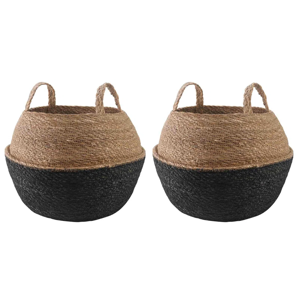 2er Set Pflanzenkübel mit Griffen aus Seegras Schwarz Ø 45 x 36 cm – Rustikaler Geflochtener Pflanzkorb Übertopf für Wohnzimmer Terrasse und Wintergarten