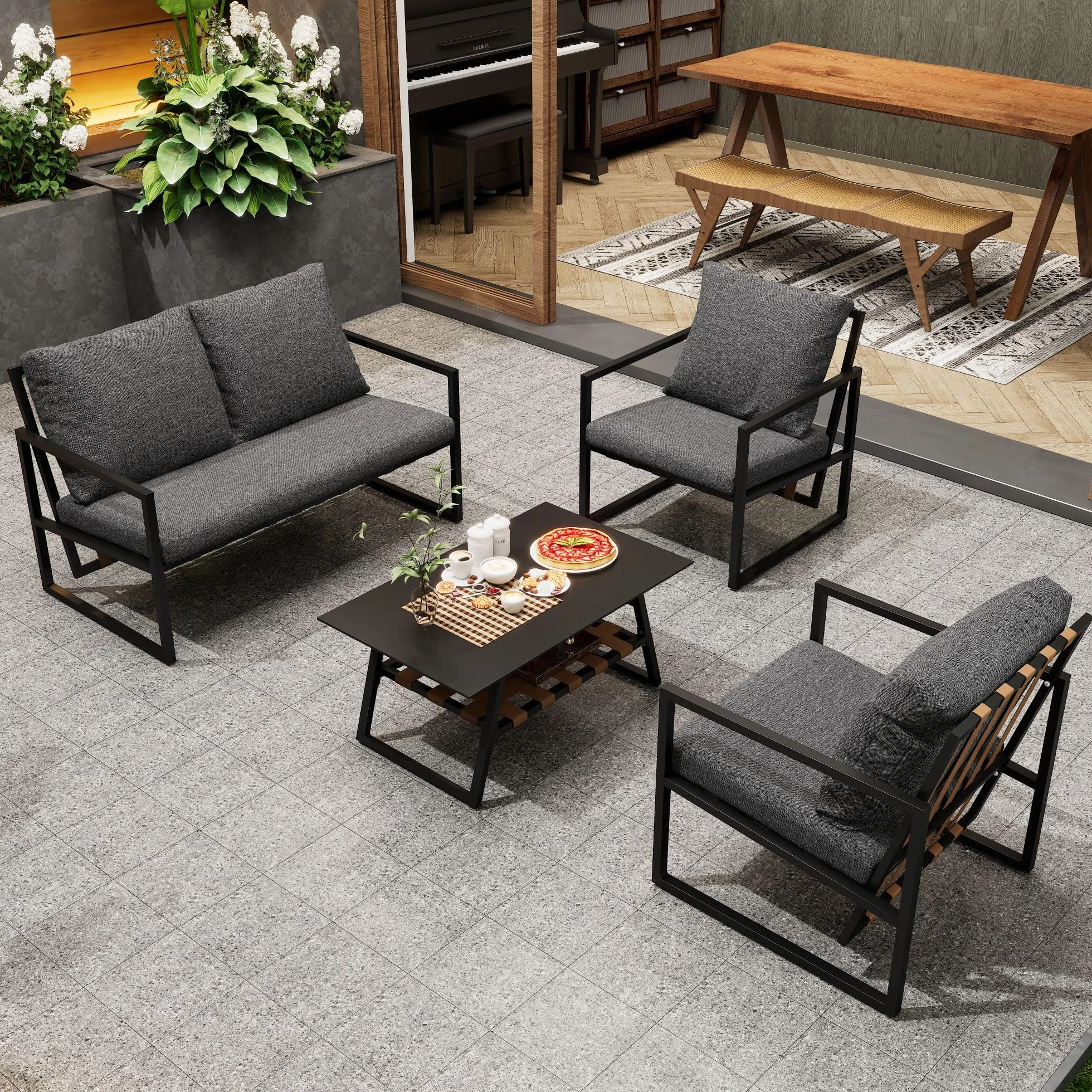 Dolamaní Garten Loungemöbel Set 4 Personen, Gartenmöbel Terassenmöbel außen Set Metall Wetterfest Modern, Tischplatte aus gehärtetem Glas, Couchtisch mit Aufbewahrungsschicht (Schwarz)
