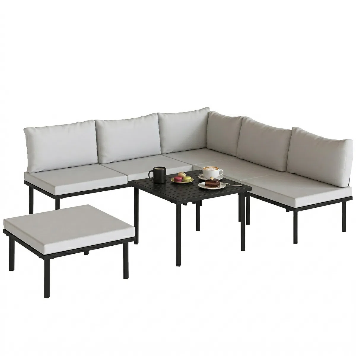 Outsunny Lounge Gartenmöbel Set 5-6 Personen mit Lamell-Tisch Hellgrau | Gartenlounge Set, 2 Sitzer Gartensofa, 2 Stühle, Eckstuhl, Fußhocker, Dicke Kissen, Ecksofa, Outdoor Sitzgruppe