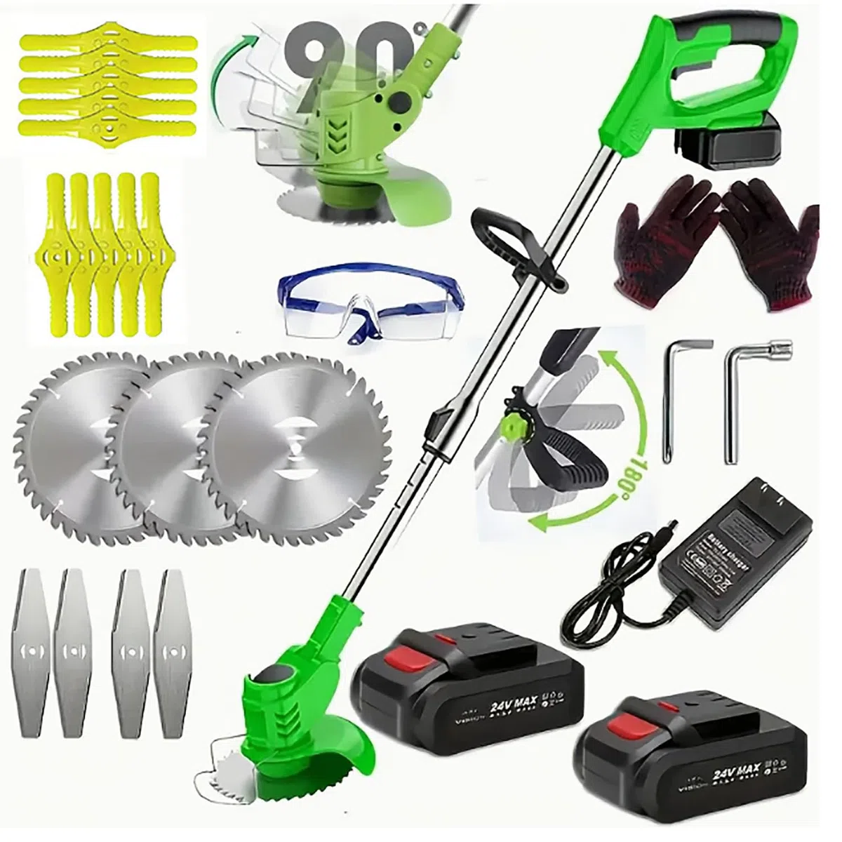 Akku-Rasentrimmer, batteriebetriebener Rasentrimmer mit 24 V, elektrischer Rasentrimmer ohne Kabel,mit 3 Arten von Klingen, 3 in 1 Verstellbarer Kopf und Teleskopgriff (Grün)