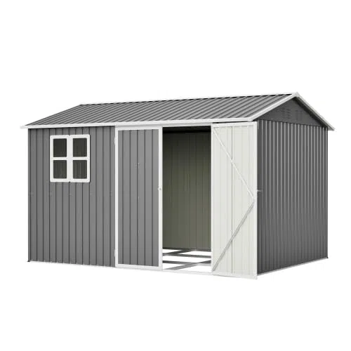 Geräteschuppen Metall 10x8 FT mit Fenster & 4 Lüftungen, wasserdichtes Gartenhaus Metall mit Schrägdach, abschließbarer Gartenschuppen für Garten & Terrasse, 311x240x201 cm, Grau