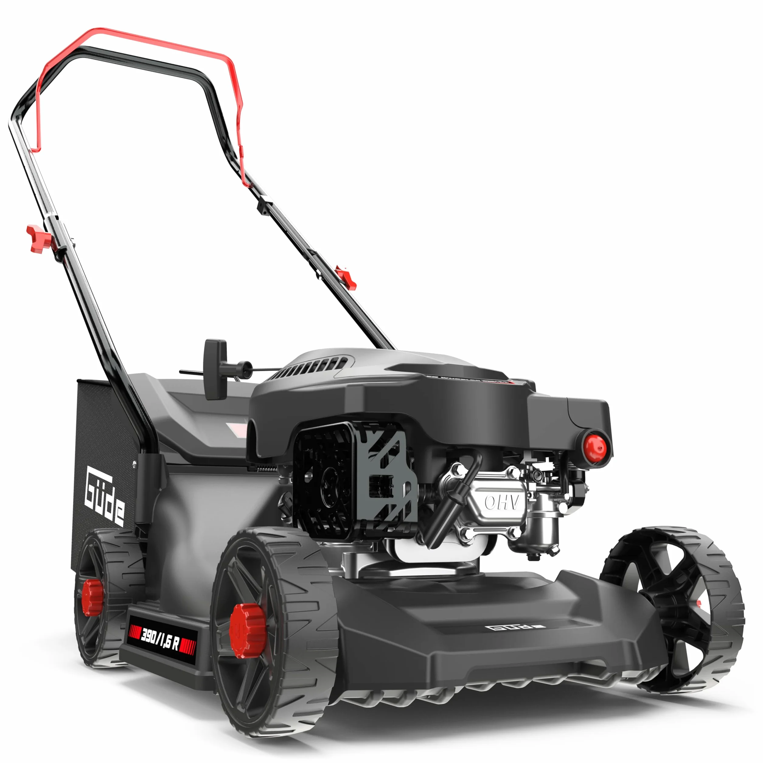 Güde Rasenmäher ECO Wheeler 390 1,6 R (4-Takt Benzinmotor 1,6/2 (kW/PS), Schnittbreite 390 mm, Fangeinrichtung 35 l, 3-fache Schnitthöhenverstellung 30-66 mm, Mähen, Sammeln, Heckauswurf)