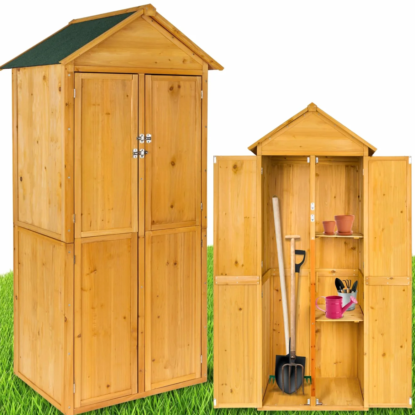 tectake® Holz Gartenschrank, Outdoor Schrank wetterfest, 80,5 x 60 x 213,5 cm, Geräteschrank mit 2 Regal Böden, Terrassenschrank, Balkonschrank, Gerätehaus, Garten Möbel
