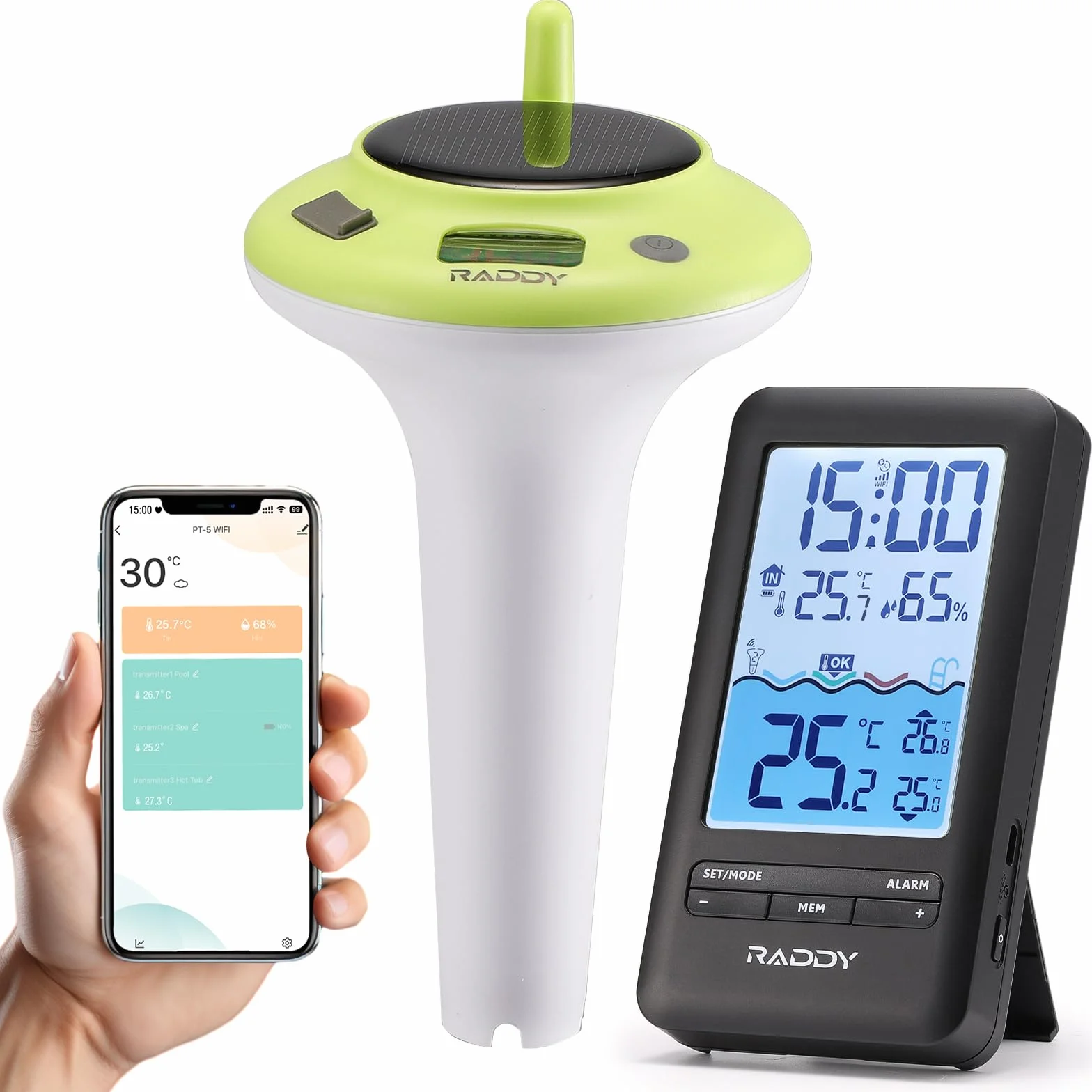 Raddy PT-5 WiFi Poolthermometer mit App, kabelloser schwimmender Poolsensor & Innendisplay, IPX8 digitaler Pool-Thermometer, Solar & USB-C aufladbar für Whirlpool, Spa, Schwimmbecken, Aquarium