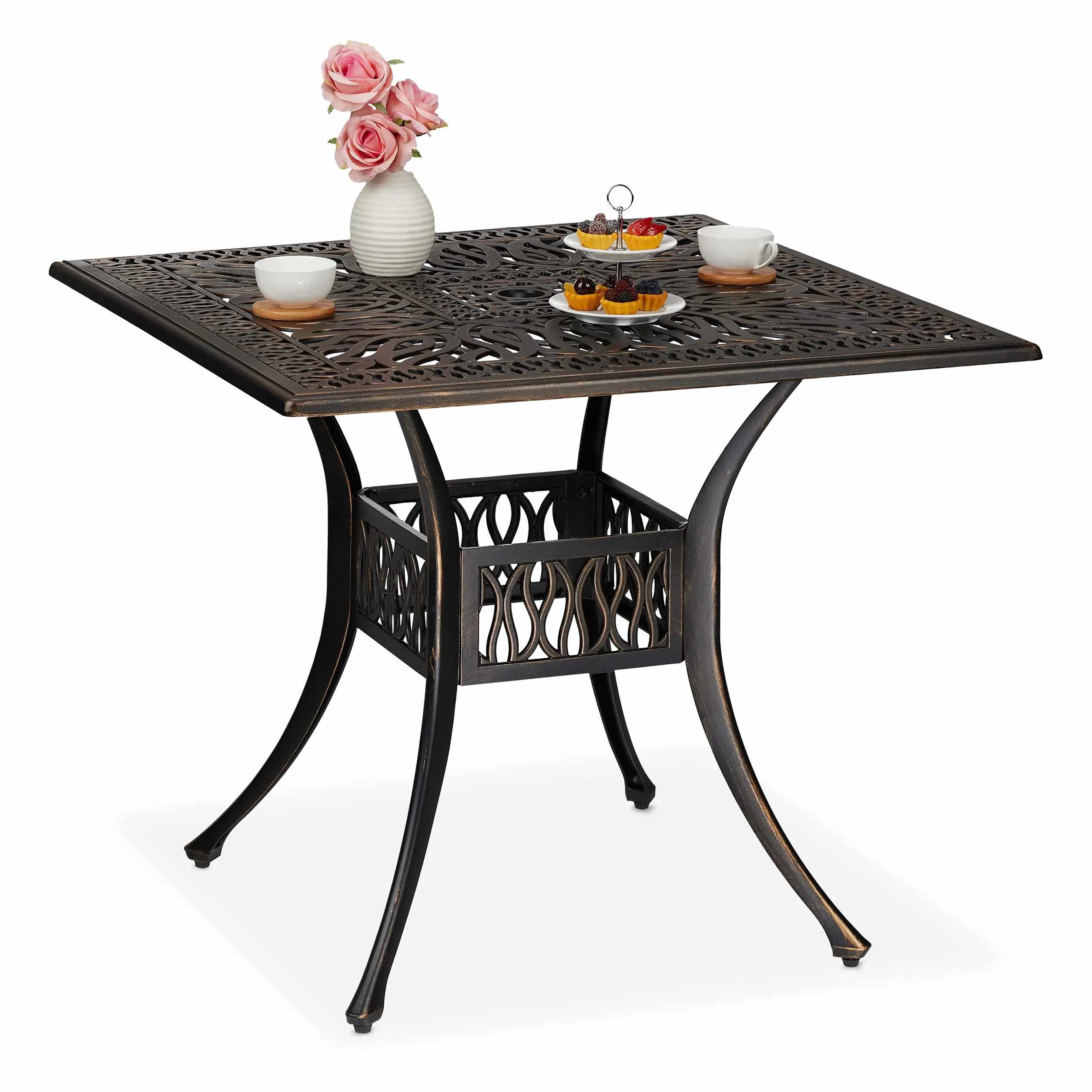 Relaxdays Gartentisch mit Schirmloch, antike Optik, Aluminiumguss, 75 x 90 x 90 cm, eckiger Balkontisch, schwarz/Bronze