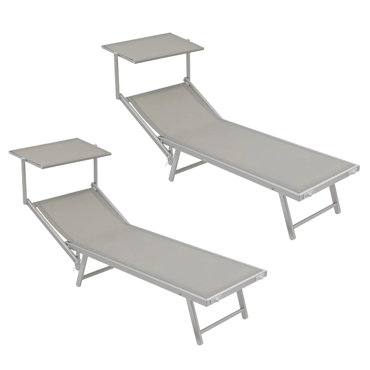 Baroni Home Sonnenliege mit Gestell aus Aluminium und Sonnenschütz, klappbare Liegesthul mit verstellbaren Rückenlehne, bequem und strapazierfähig Gartenliege, 60x190x35 cm (Grau, 2 Stücke)