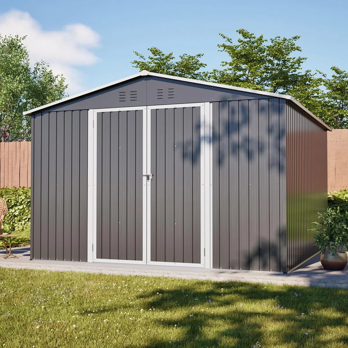 10x10 Geräteschuppen Metall, Wetterfester Gartenschrank zur Aufbewahrung | Su & Chan Legence, Stahl Gartenhaus mit Fundamentrahmen & Schloss, Gartenhäuser & Aufbewahrung, für Garten Terrasse Hof, Grau