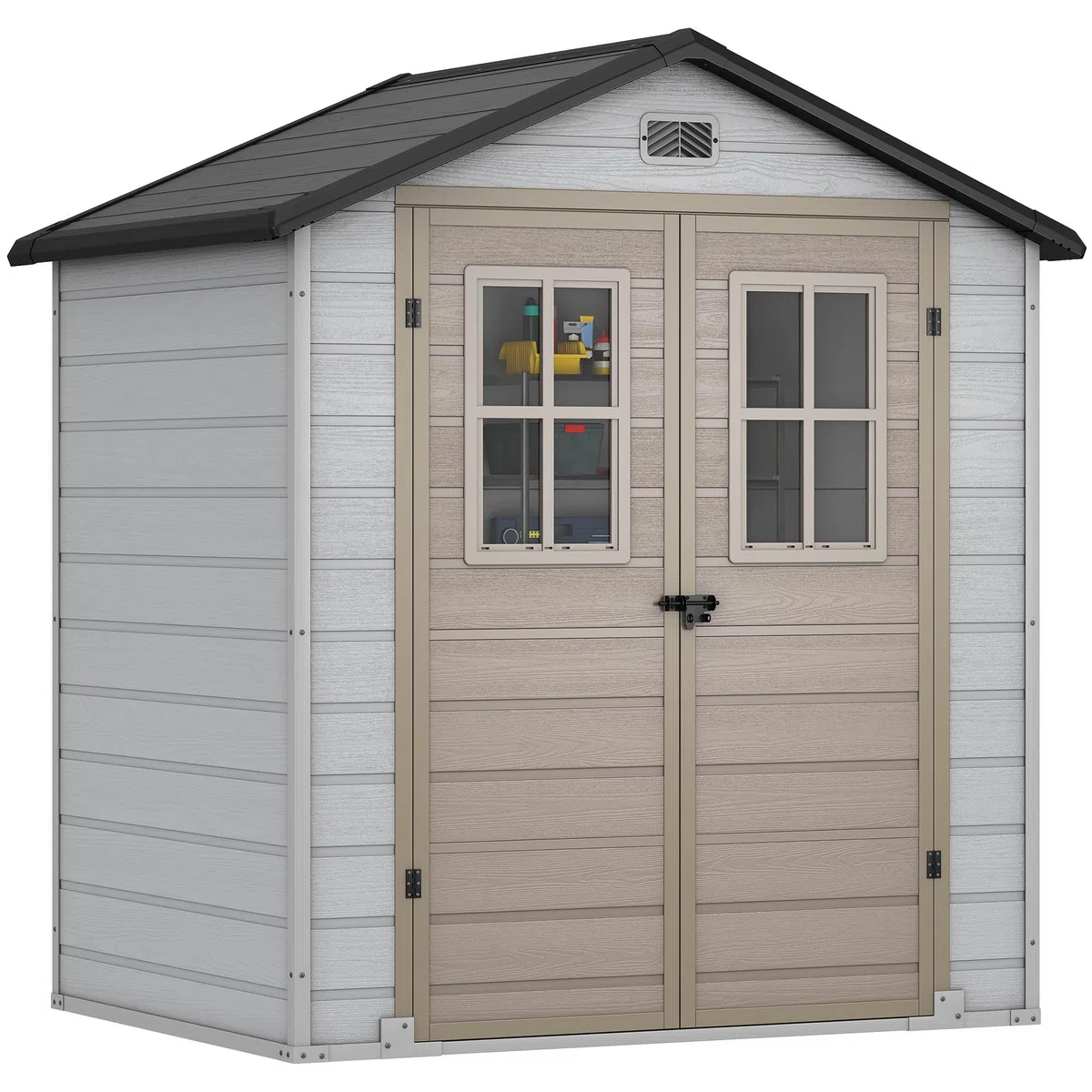YITAHOME Kunststoff Gartenhaus 6x4.4 Fuß mit Boden, Wetterfester Aufbewahrungsschuppen mit verschließbaren Türen, Fenstern & Belüftung für Gartenwerkzeuge, Fahrräder, 183x135x208 cm, Braun Schwarz
