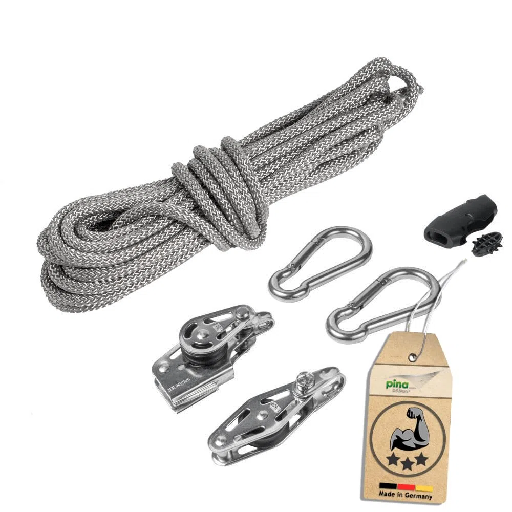 Sonnensegel 3-Fach Flaschenzug Set - mastseitig, für Sonnensegel Stangen/Profi Spannsystem zum Spannen & Befestigen/Robustes Seilzugsystem mit integrierter Klemme