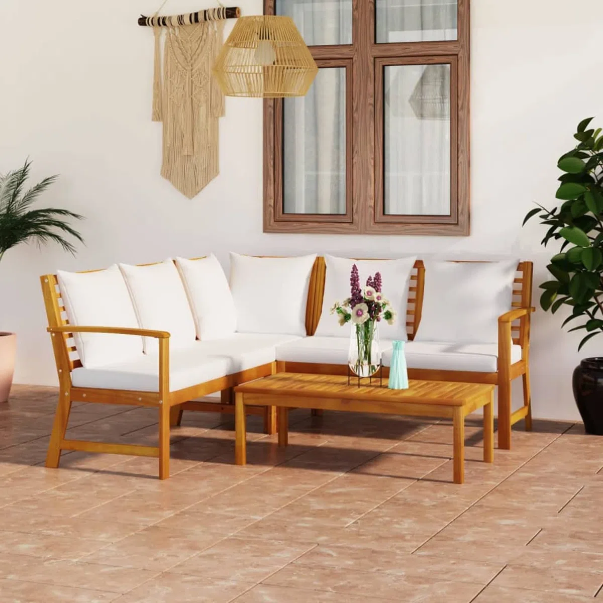 4-TLG. Garten-Lounge-Set mit Auflagen Creme Massivholz Akazie, Lounge Gartenmöbel Set, Terassenmöbel Wetterfest, Loungemöbel Terrasse, Gartenlounge, Garten Loungemöbel Set, 3057769