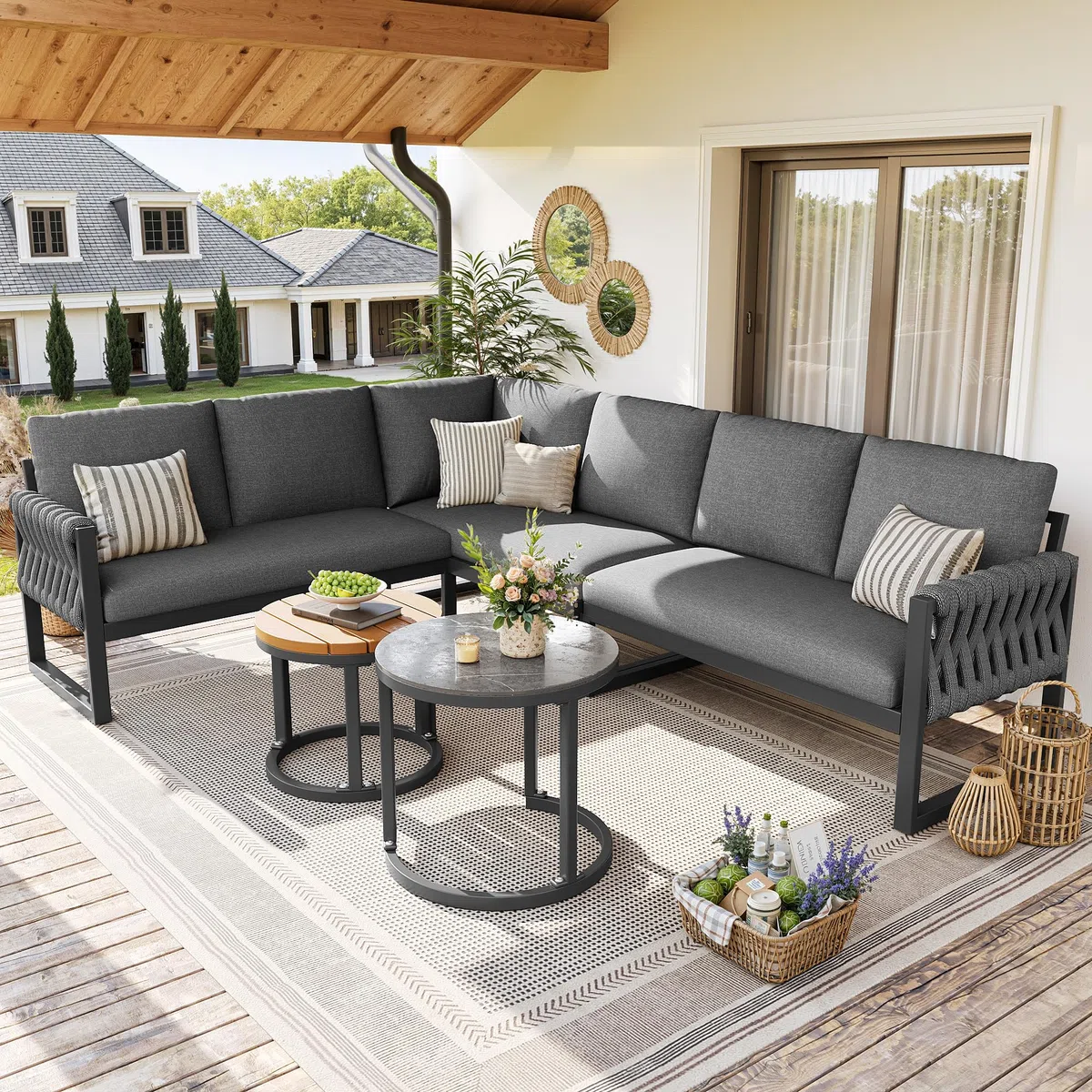 Garten Lounge Set für 5-6 Personen, Ecksofa und Sessel-Sofa mit Höhenverstellbaren Tischbeinen, Abnehmbaren Wasserabweisenden Kissen, Modular für Balkon Garten Terrasse, B - Grau