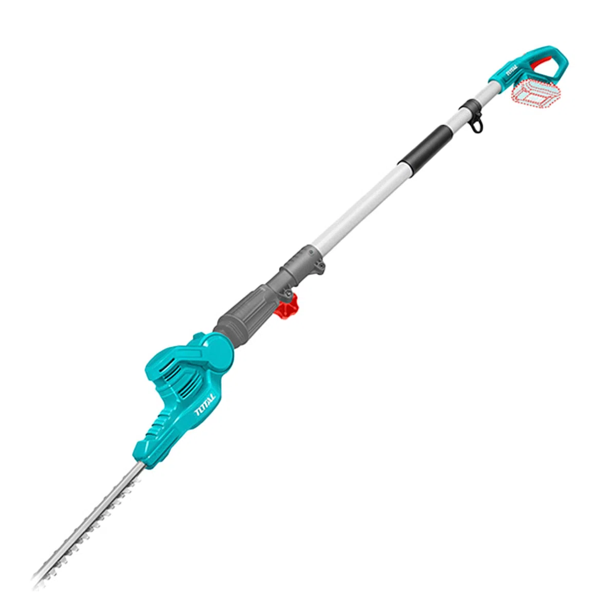 TOTAL - Hochentaster-Heckenschere mit Akku, 20V langlebiger Akku, Leicht, bequem zu benutzen: Drehbarer Kopf und ausziehbare Stange, Präziser Schnitt: 460 mm Lange Klingen, Große Reichweite: 2,4 m