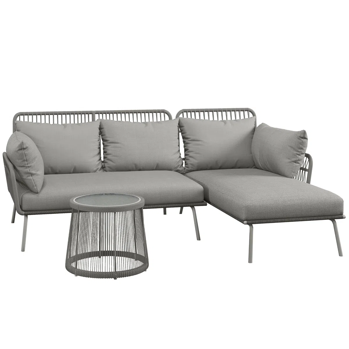 Outsunny 3 TLG. Rattan Gartenmöbel-Set, Sitzgruppe mit Kissen, Gartengarnitur mit 1 Beistelltisch, 1 Liegestuhl, 1 Doppelsofa, Sitzgarnitur für Garten, Terrasse, Stahl, Hellgrau