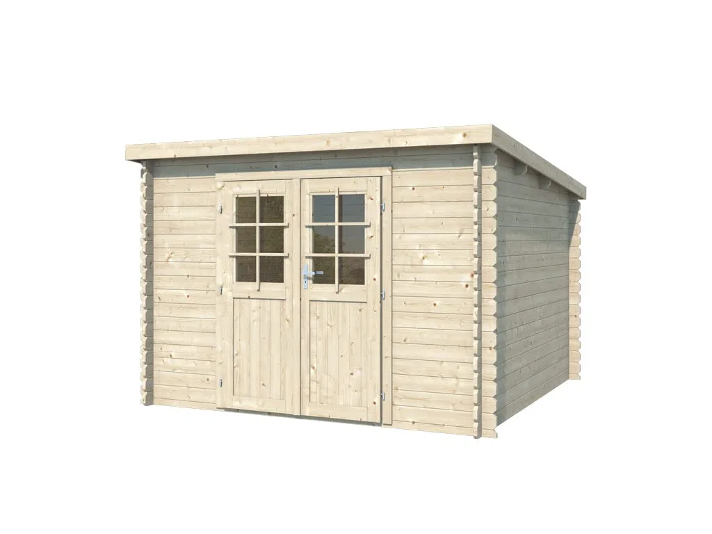 Holz Gartenhaus Blockbohlenhaus CA2974 | Wandstärke 28 mm | Naturbelassen | B x T x H: 298 x 259 x 203 cm | Doppeltür mit Echtglas