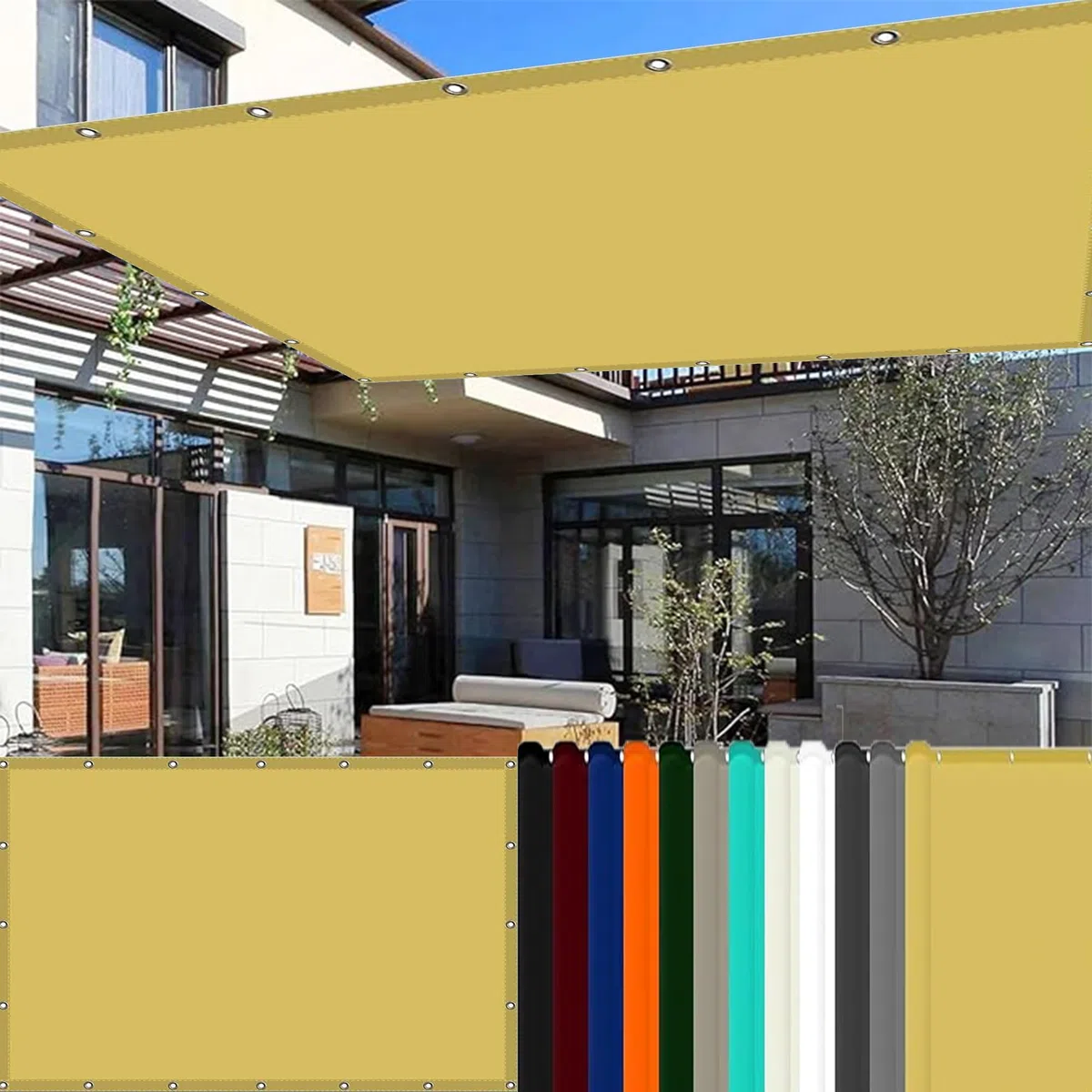 Markisenstoffe Meterware 7 x 10 m Reißfest Uv-Schutz Nach Mass Polyestergewebe mit Seil Sonnenschutz Balkon Schattenspender für Außenbereich Patio, Creme Farben