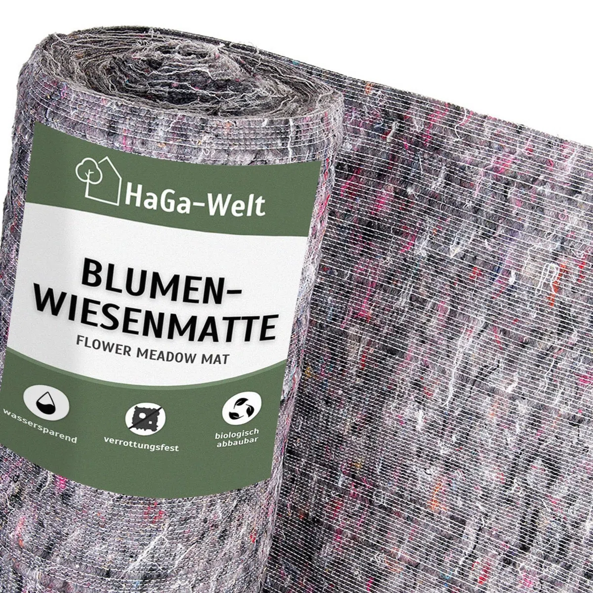 HaGa Blumenwiesenmatte 2m x 25m – biologisch abbaubar – mit Blumensamen für Blumenwiese im Garten – gut für Bienen und Schmetterlinge – Baumwollvlies mit Wildblumensamen