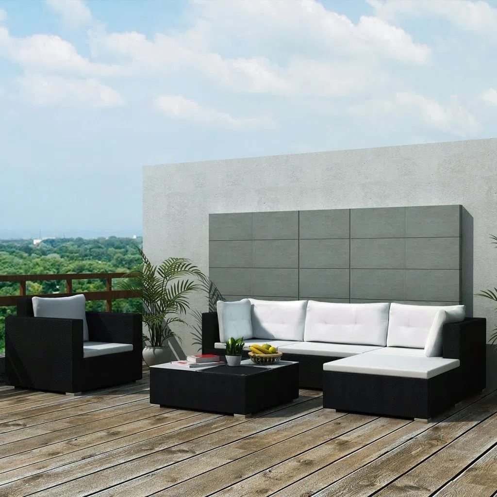 ZEYUAN 6-TLG. Garten-Lounge-Set mit Auflagen, Lounge Gartenmöbel Set, Terassenmöbel Wetterfest, Gartenlounge, Loungemöbel Terrasse, Balkonmöbel, Garten Loungemöbel Set, Poly Rattan Schwarz