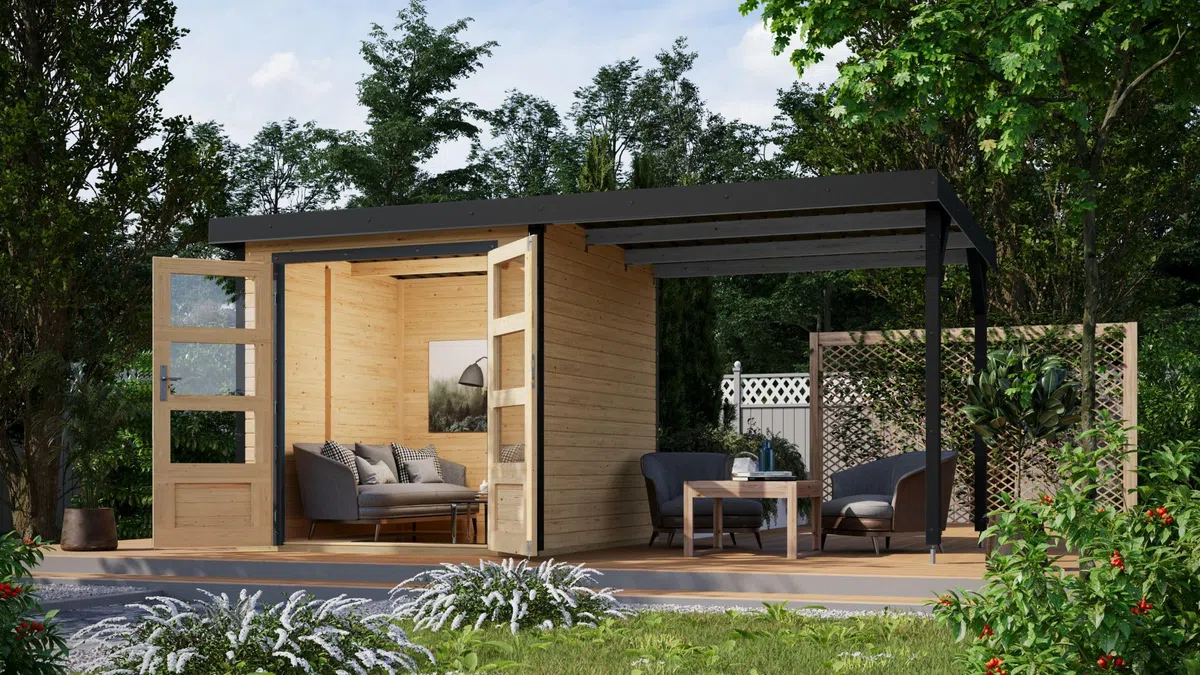 Hybrid Gartenhaus Hollywood inkl. Fußboden optional mit Anbau Gartenlaube Geräteschuppen Gartenhütte (Naturbelassen mit Anbau)