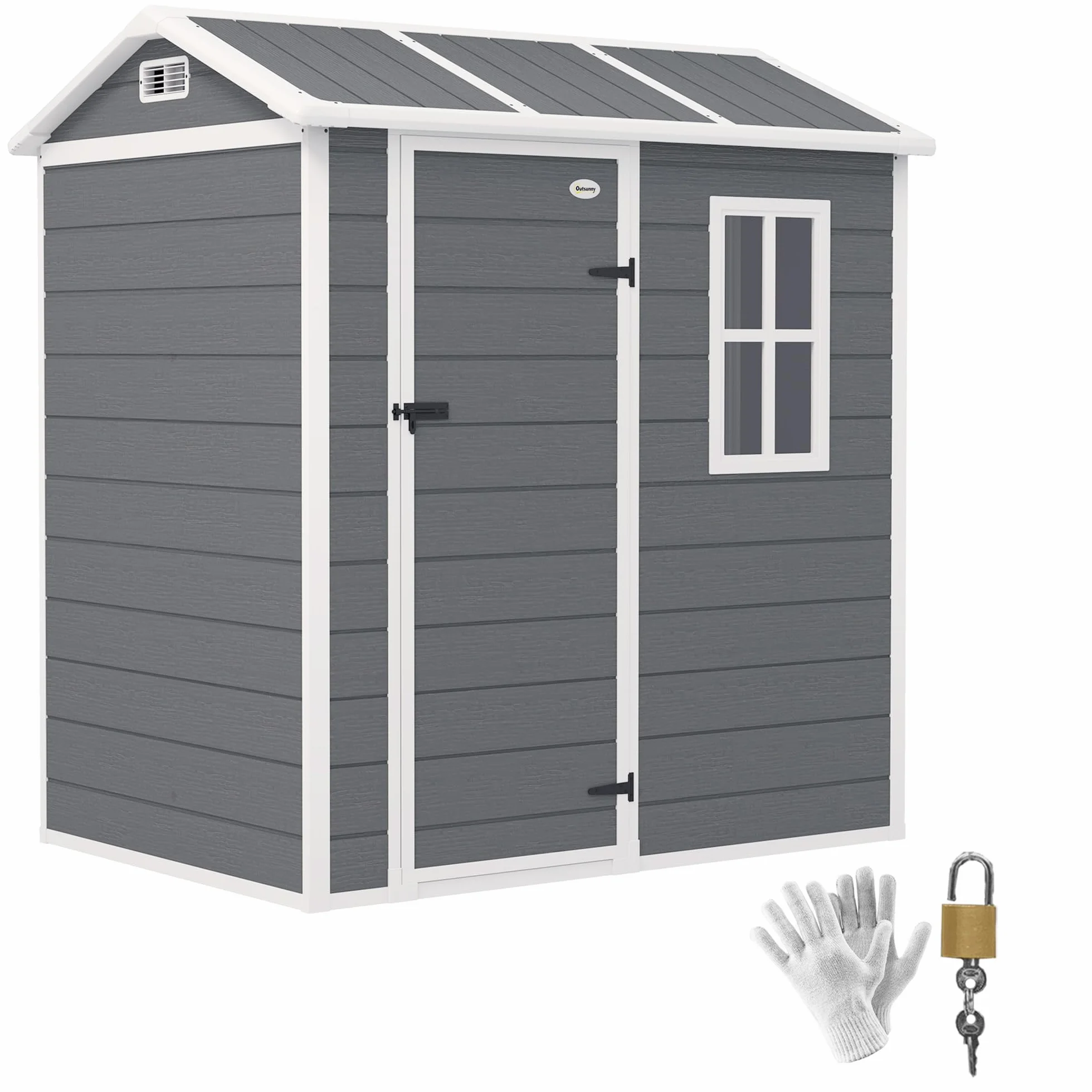 Outsunny Gerätehaus Kunststoff 2,1m² 186 x 130 x 199cm Geräteschuppen mit Satteldach Boden Fenster Abschließbarer Tür wetterfest Gartenhaus Outdoor Garten Schuppen für Hinterhof Grau