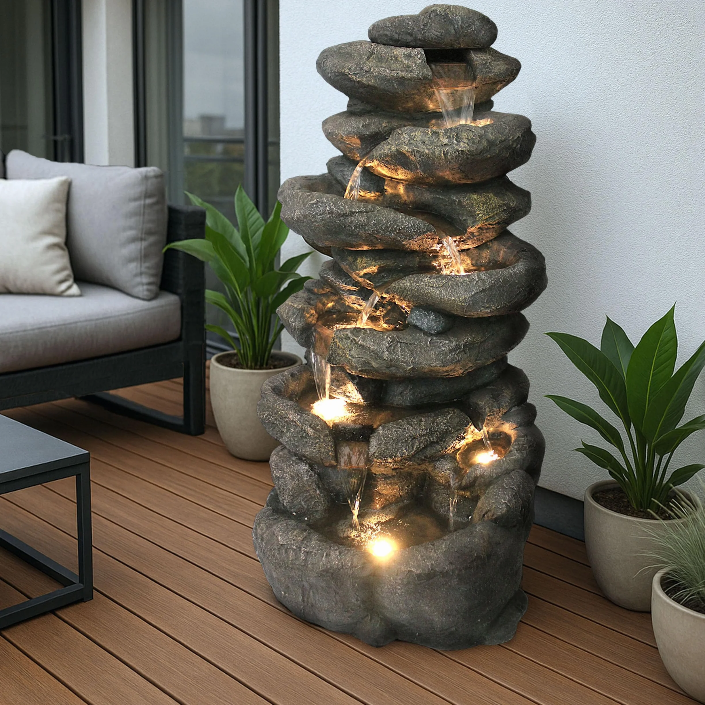 Großer Gartenbrunnen BK902 mit LED Beleuchtung Felsen Wasserfall Springbrunnen große Gartendeko Steinoptik 100 cm