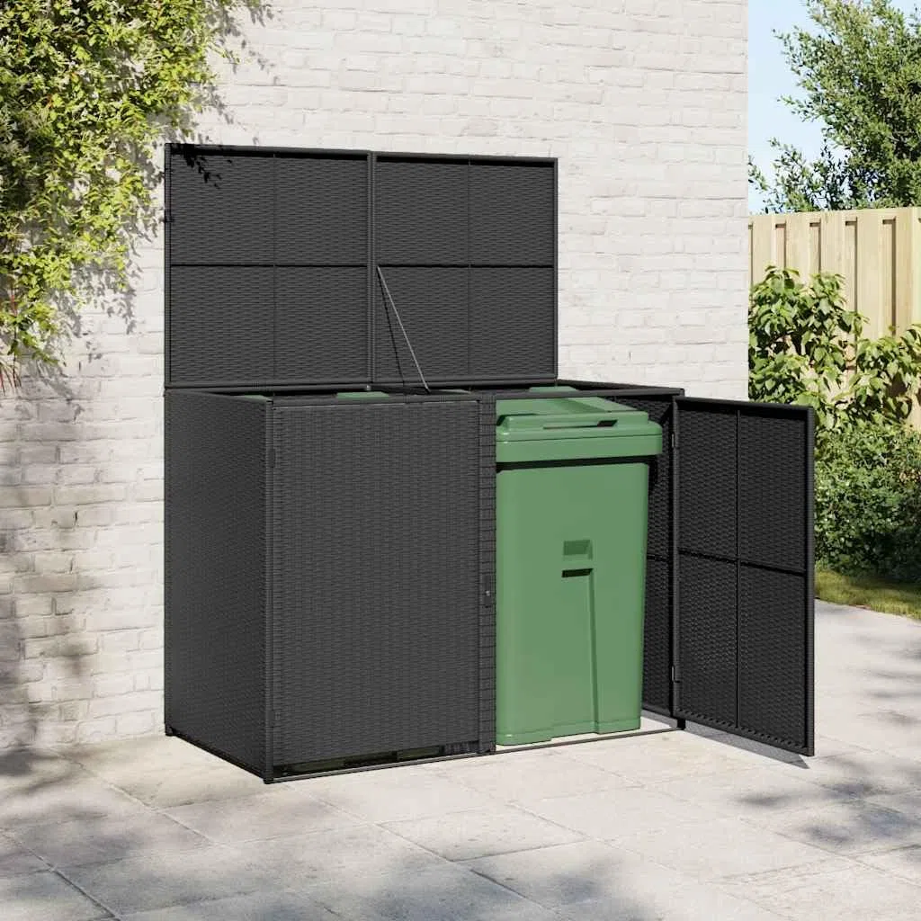 Mülltonnenbox für 2 Tonnen aus robustem PE-Rattan in Schwarz 148x80x111 cm mit Deckel und Fronttüren, stabile Aufbewahrungsbox für den Garten, wetterfeste