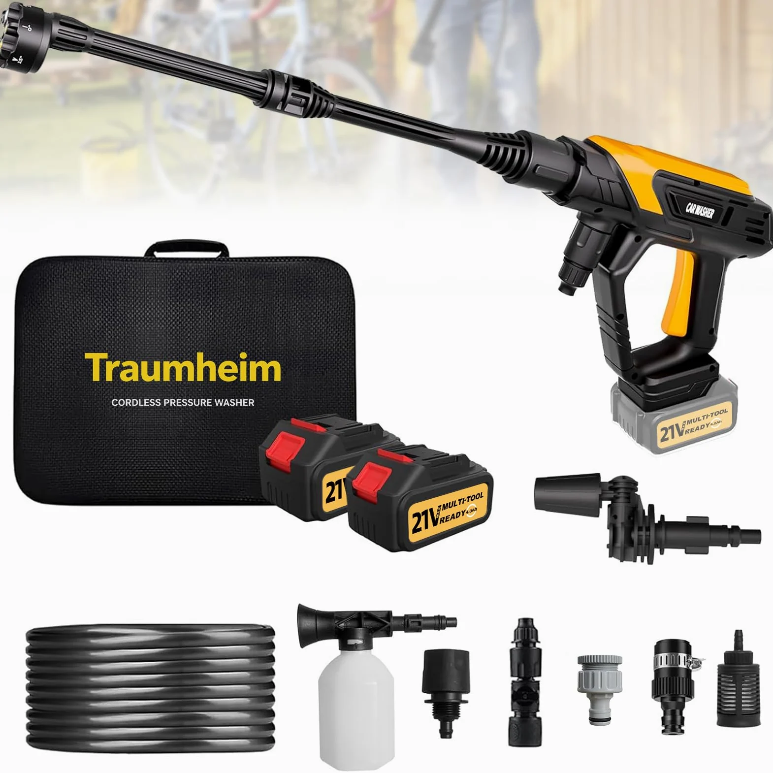 Akku Hochdruckreiniger 21V, 68 Bar, 2X 4000mAh Akkus | Bürstenloser Motor, 180°/360° Drehdüse, 6 in 1 Düse, Flaschenanschluss, Verlängerungsstange