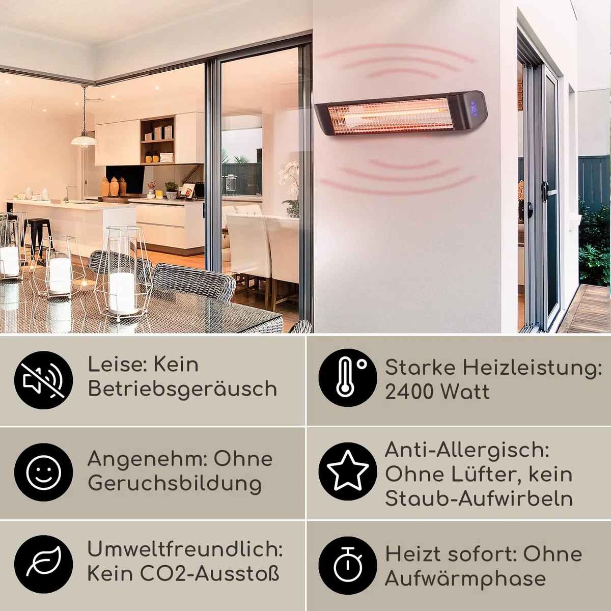 Klarstein Heizstrahler, Elektrische Heizung Terrasse & Garten, Infrarotstrahler mit WiFi App-Steuerung, Timer, LED-Anzeige Infrarot Heizstrahler, CO2-Freie, Energieeffiziente Heizung, 2400W