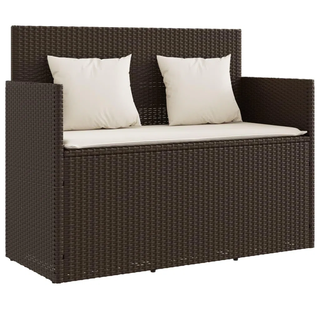 vidaXL Gartenbank mit Kissen, Sitzbank mit Staufach unter Sitzfläche, Parkbank mit abnehmbaren Bezügen, Außenbank Outdoor Bank, Braun Poly Rattan