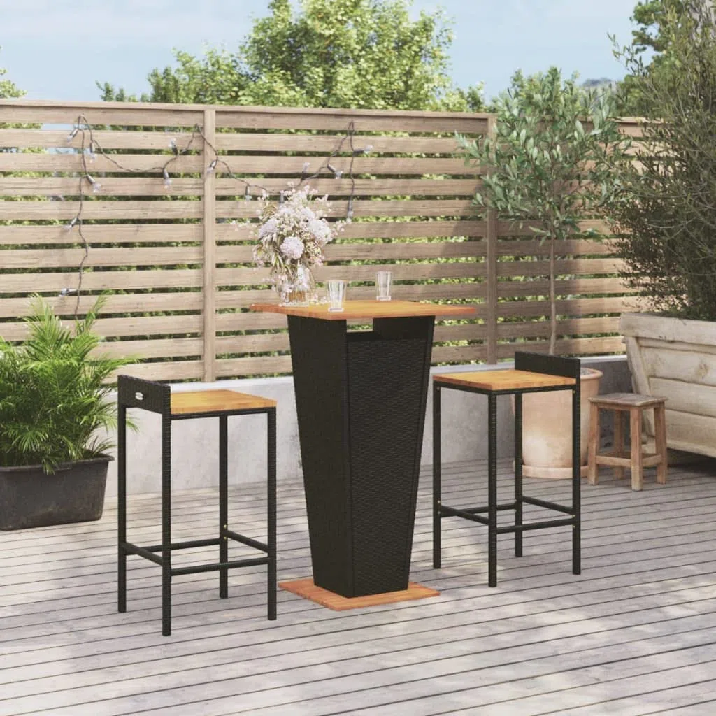 Gartenlounge Set Loungemöbel 3-TLG. Gartenbar-Set Schwarz Poly Rattan & Massivholz Akazie