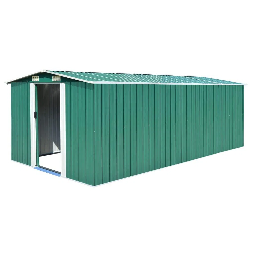 Gerätehaus aus Metall für Gartenlagerung mit verzinkter Stahlkonstruktion und Tür, grün, 257 x 489 x 181 cm