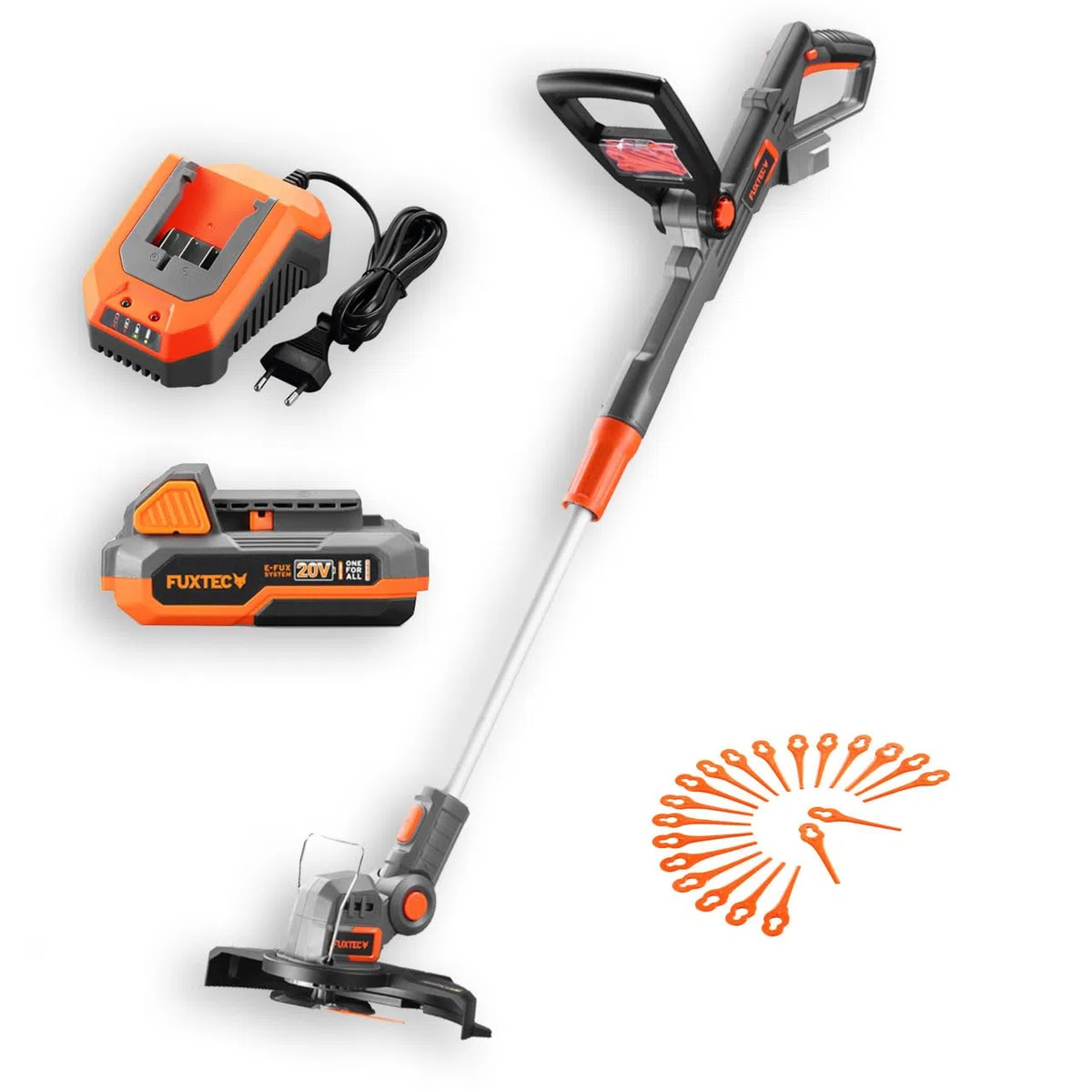 FUXTEC 20V Akku-Rasentrimmer FX-E1RT20 – Leicht (2,2 kg), 25 cm Schnittbreite, inkl. 2Ah Li-Ionen Akku & Ladegerät - Teleskopverlängerung, drehbarer Kopf für präzise Rasenkanten, kabelloses Trimmen