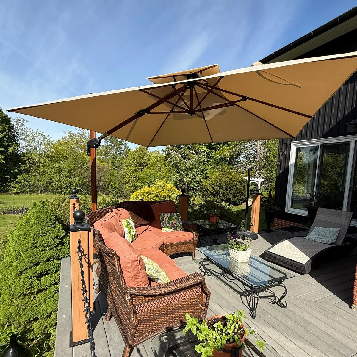 PURPLE LEAF Sonnenschirm 300 × 300 cm Alu-Griff Holzoptik Doppeldach Beige | Rostfreier Alurahmen, Verstärktes Standrohr, Stabil & Windfest, Neigen mit Kurbel & Drehen mit Fußpedal, Leichte Anpassung