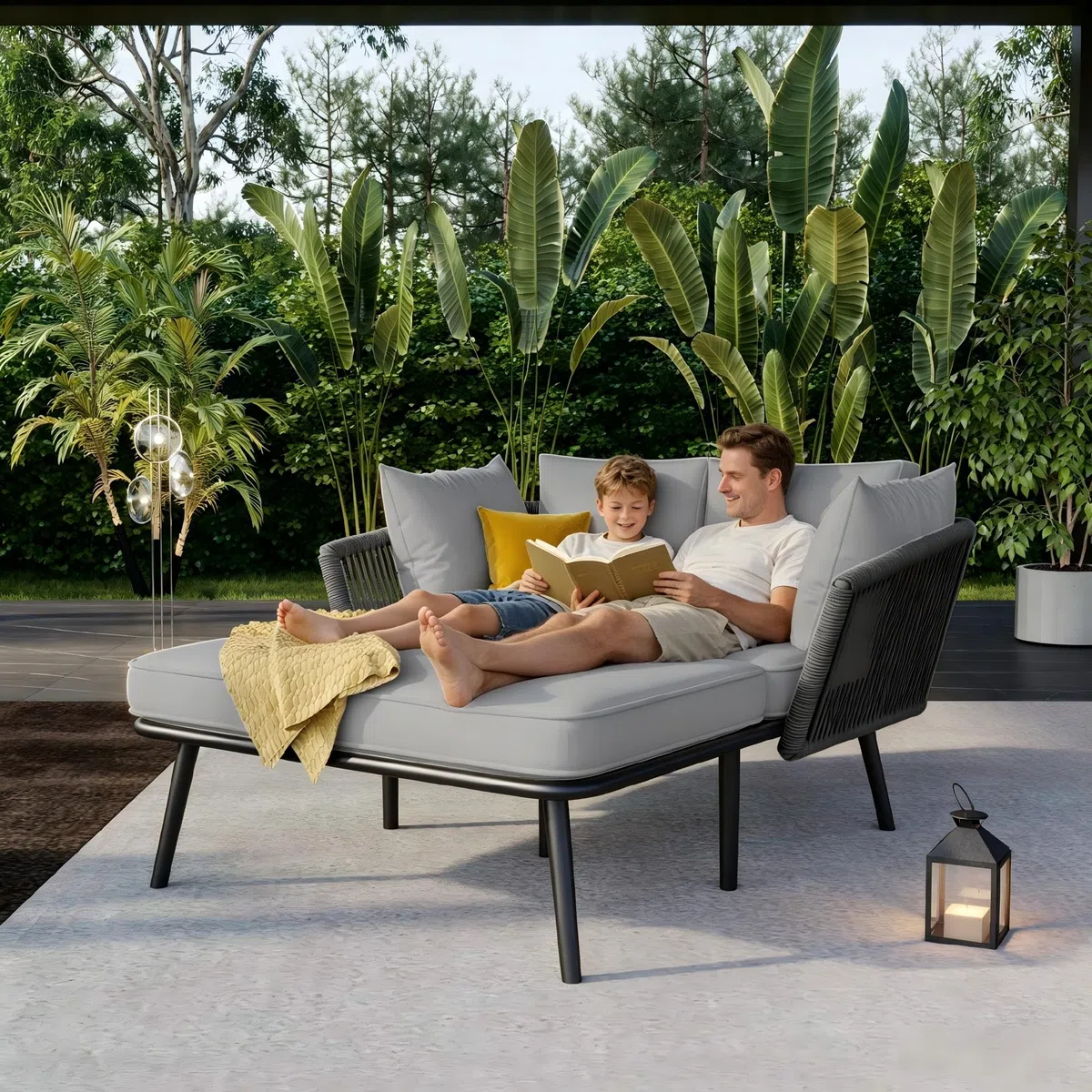 Su & Chan Legence Sonnenliege mit 2 Kissen und 2 Polster, Gartensofa mit Handgeflochtenem Seil, Loungemöbel für Terrasse und Balkon, verzinktem Stahl, Grau