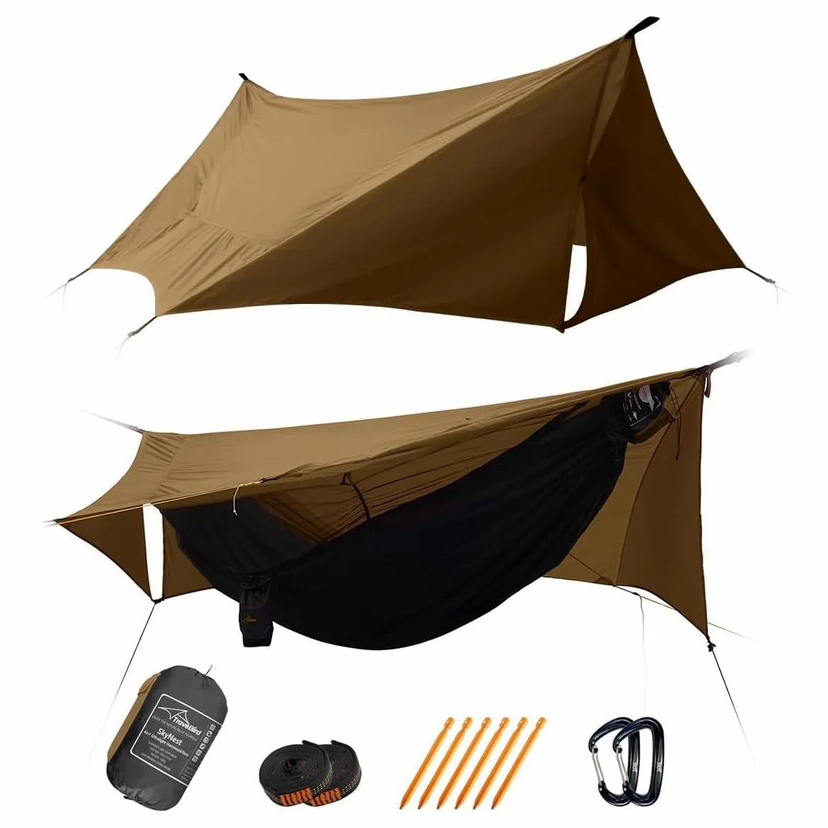 SkyNest Hängematten Set mit Moskitonetz und Regen Fliege Tarp, 4 in 1 Camping Hängematte Zelt, Ultraleicht Tragbare Doppellagig Hängematte mit Ridge Rope für Camping, Wandern, Backpacking