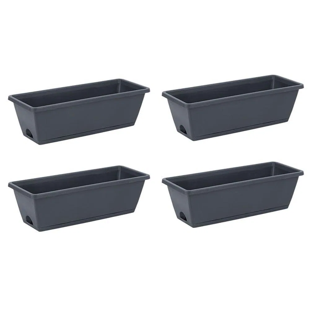 Kunststoff-Boxen, 42 cm, mit Ablauflöchern und Tablett, rechteckige Blumentöpfe für Innen- und Außenbereich, Garten, Balkon, 4 Stück
