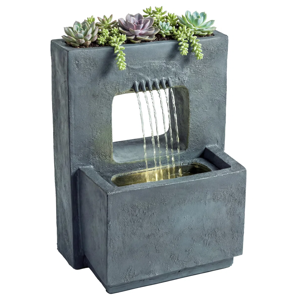 Outsunny Springbrunnen 2-stufig mit LED Beleuchtung 45 x 31,5 x 58,5 cm | Gartenbrunnen mit Pflanzkübel, Pumpe, Steinoptik, Verstellbar Wasserfall, Terrassenbrunnen, Zierbrunnen, für Garten Rasen