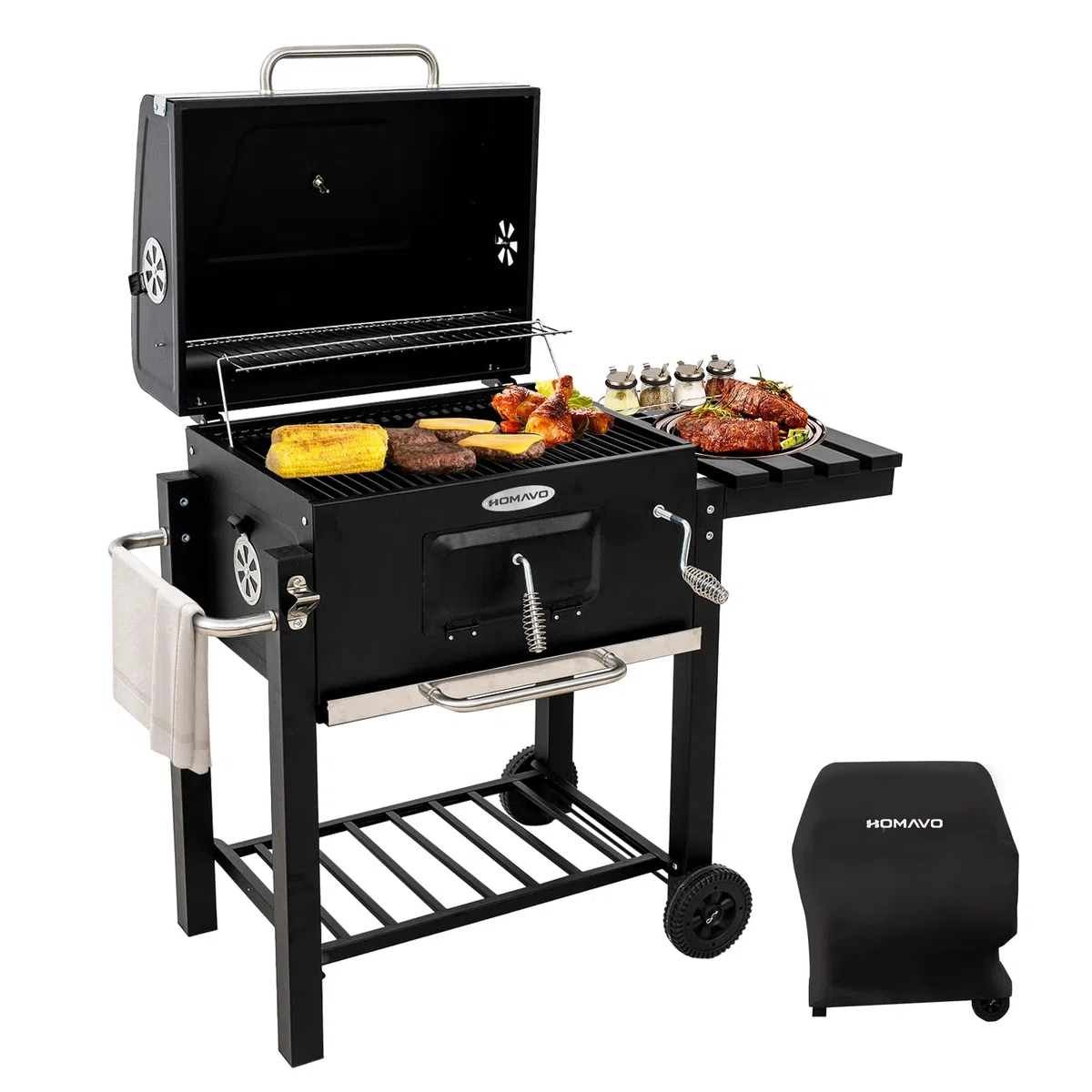Holzkohlegrill, Klappbarer Grill mit Deckel, Grillfläche 56×42,5 cm, Höhenverstellbarer Kohlekorb, Klappbarer Seitentisch und Schutzhülle inklusive