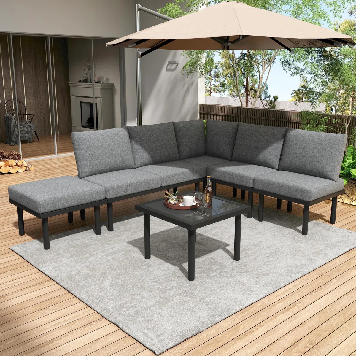 5-6 Sitzer Lounge Möbel Outdoor, Gartenlounge Outdoor mit Couchtische, Garten Loungemöbel Set mit Verstellbare Füße, Balkon Sofa für Garten, Inklusive Aller Sitzpolstern und Rückenkissen, Grau
