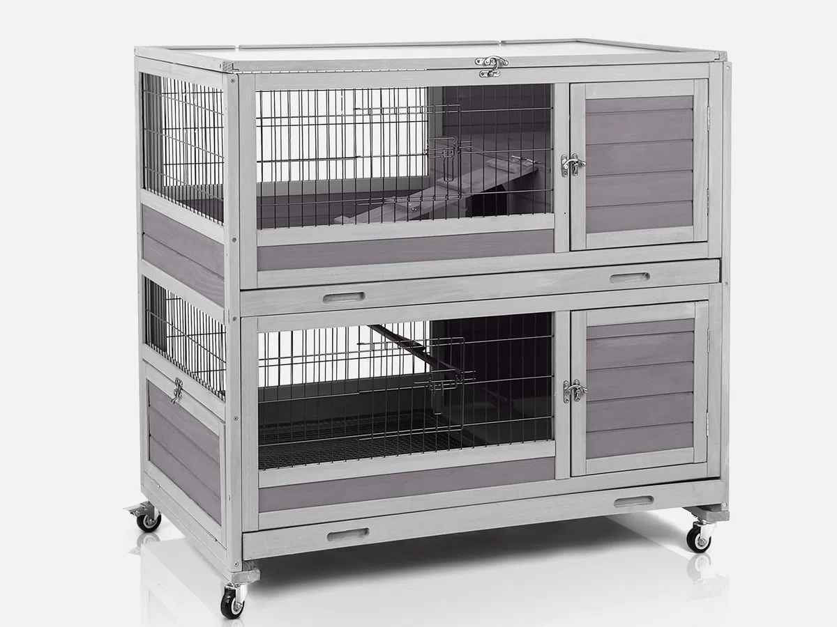 Akinerri zweistöckiger Meerschweinchenkäfig mit Rädern Kaninchenhütte Indoor Outdoor mit 6-Zugangstüren, 2-Ausziehschalen, abnehmbarem Maschendraht und UV-beständiger Platte (grau)