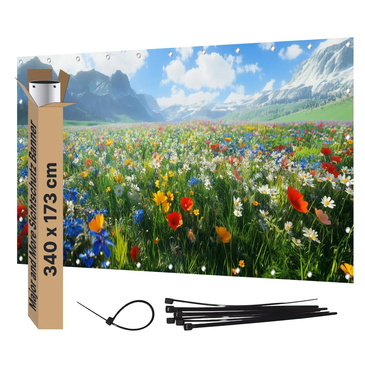 Sichtschutz Banner PVC Garten Dekoration Plane groß mit Motiv blickdichter Motivbanner für Terrasse Zaun Gartenzaun Zaunblende Gartenposter (340x173 cm, Blumenwiese)