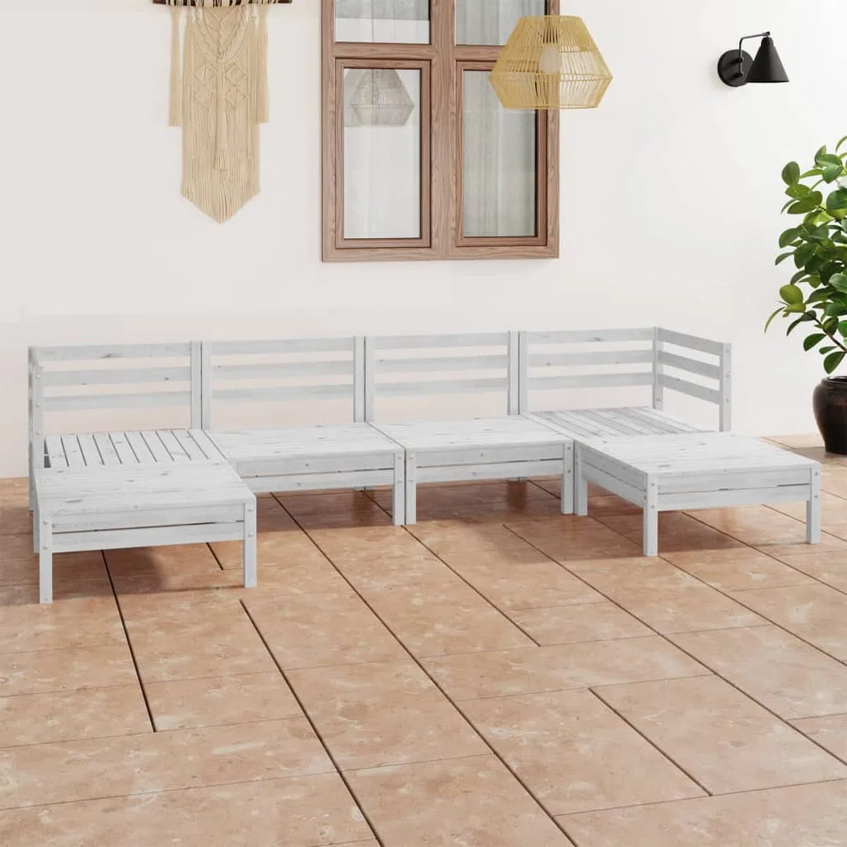 6-TLG. Garten-Lounge-Set, Lounge Gartenmöbel Set, Terassenmöbel Wetterfest, Gartenlounge, Balkon Möbel, Garten Loungemöbel Set, Lounge Sofa Outdoor, Weiß Massivholz Kiefer